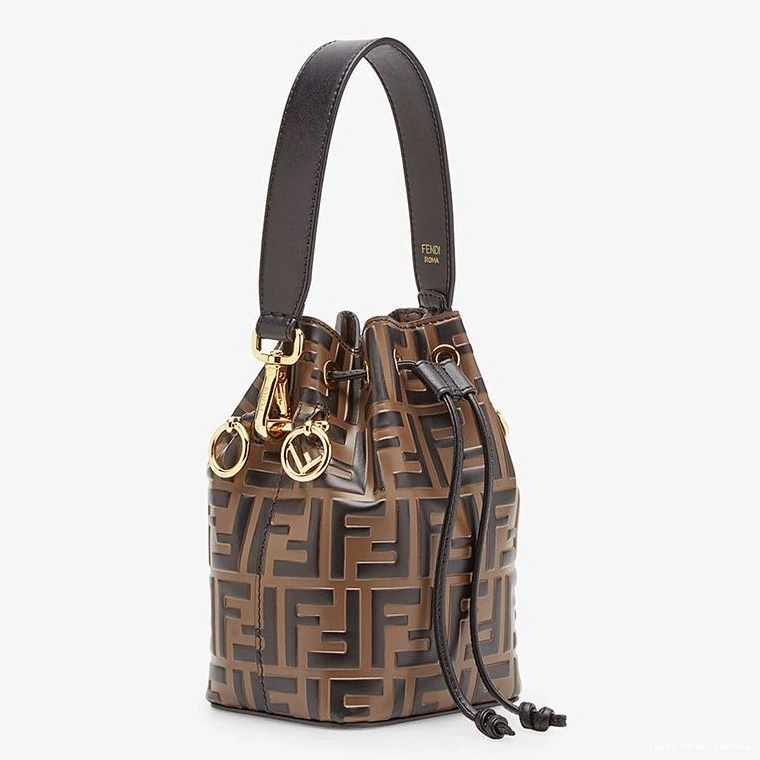 Affordable HOT Mon FF Calf Bag Mini Motif Leather Fendi Tresor Brown Bucket In 0724